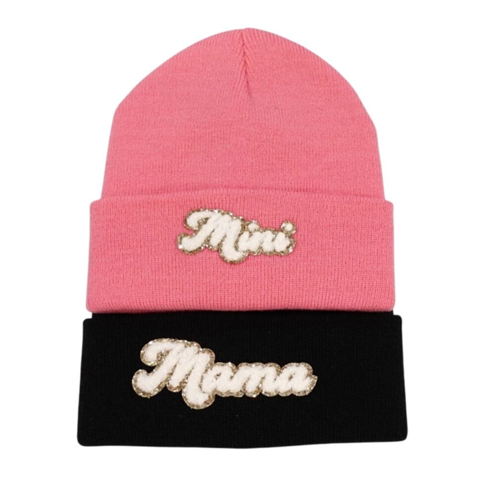 A Set /Mamma and Mini Beanie Caps/ Black n Pink Set